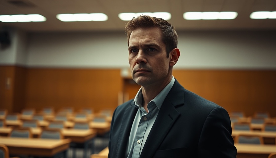 Serious man in courtroom, fluorescent lighting, legal setting.