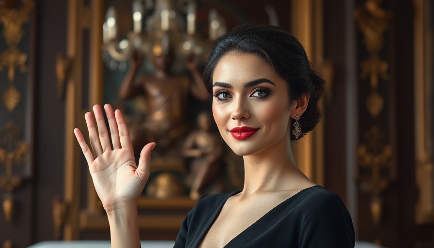 Elegantly dressed woman waving in an ornate setting.