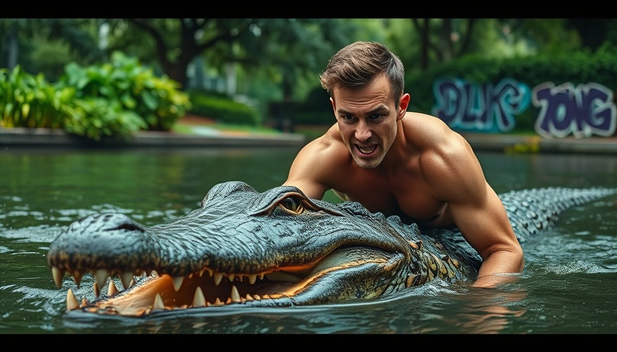 Man wrestling alligator near water in park, Happy Gilmore Alligator Death.