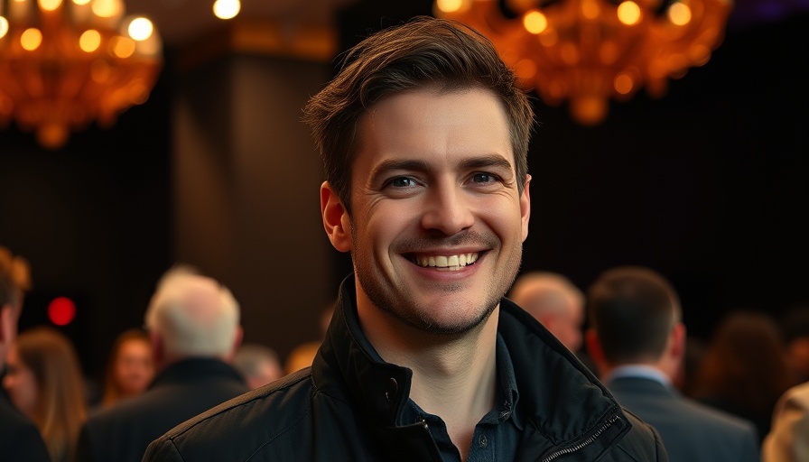 Smiling man at event under warm indoor lighting, with logos and text.