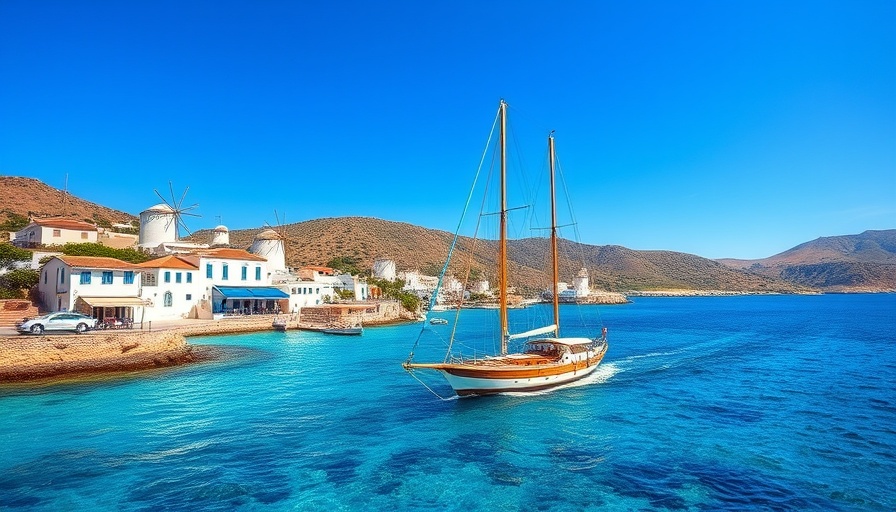 Scenic Travel Destination in Crete with boat and windmills.