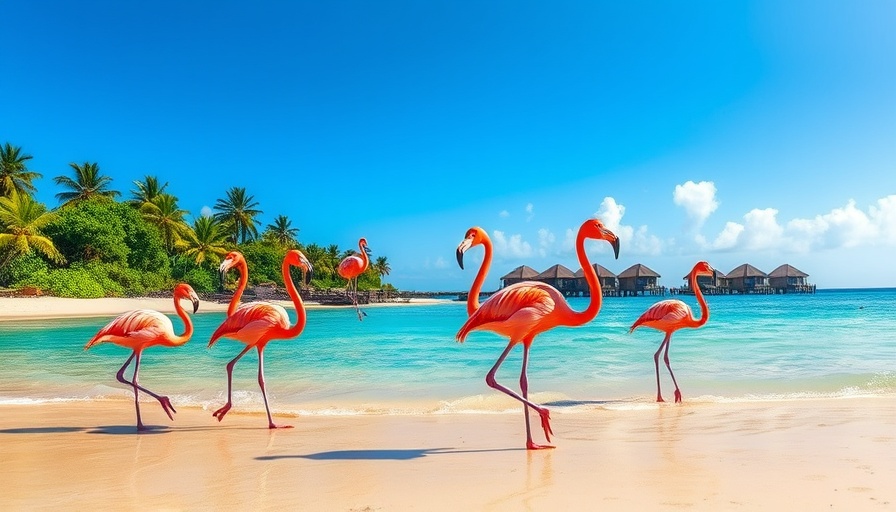 Caribbean escape with luxury resorts, pink flamingos on Aruba beach.