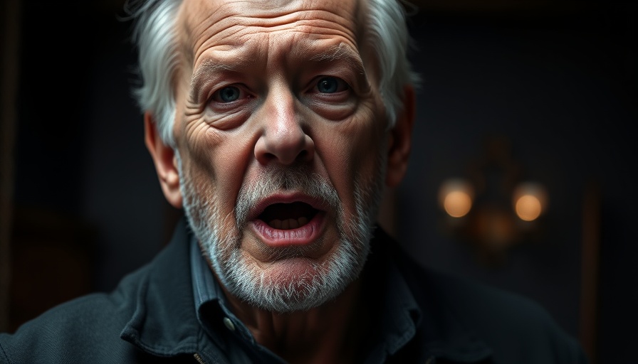 Expressive older man speaking about manifestation destiny, intense focus.