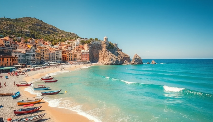 Scenic views of Mediterranean coastline with boats on beach.