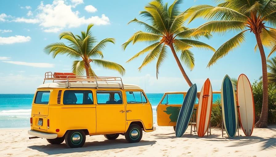 Vibrant Copacabana beach scene, vintage van and surfboards; Scenic Travel Destinations.