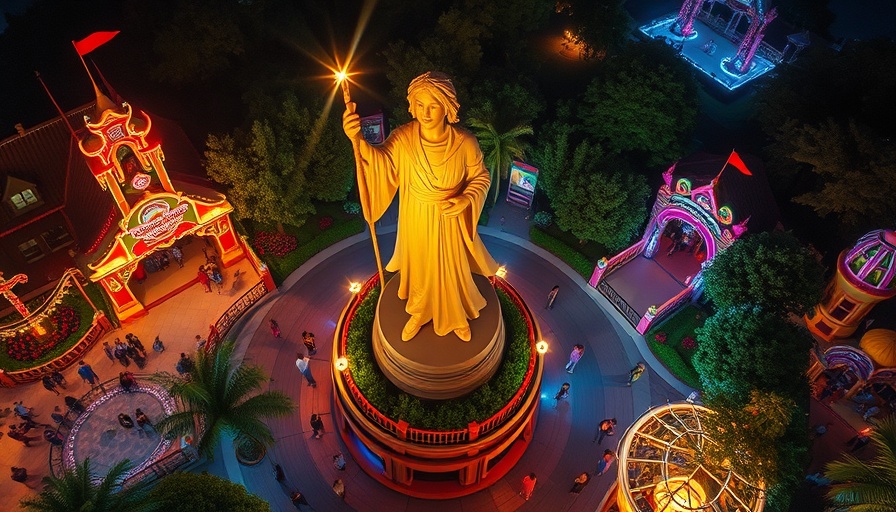 Universal Epic Universe Theme Park vibrant statue scene.