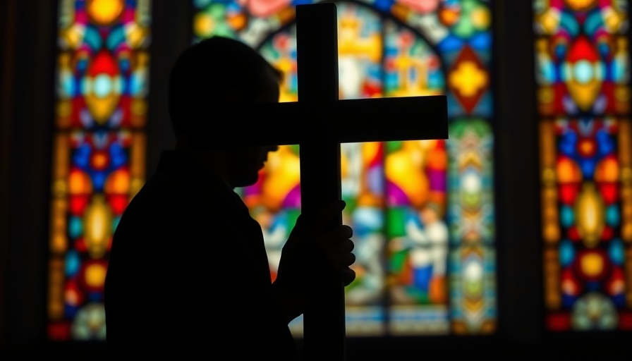 Silhouette with cross against stained glass, reflecting solemnity.