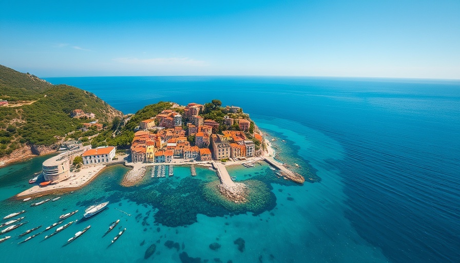 Scenic views of a Mediterranean seaside village with lush greenery.