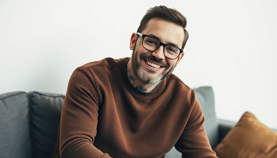 Happy tattooed man in glasses and sweater smiling, casual setting.
