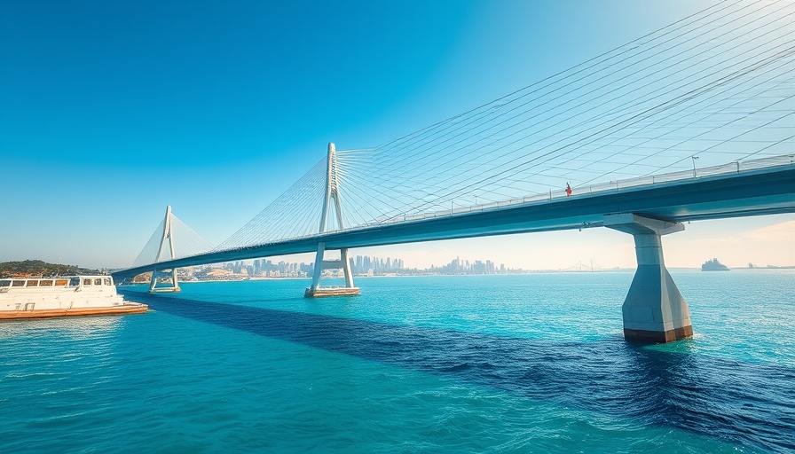 Sleek architectural bridge over water with sunlight streaming, vivid blue.