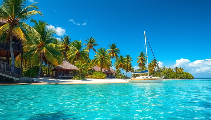Scenic views of tropical beach with palm trees and sailboat.