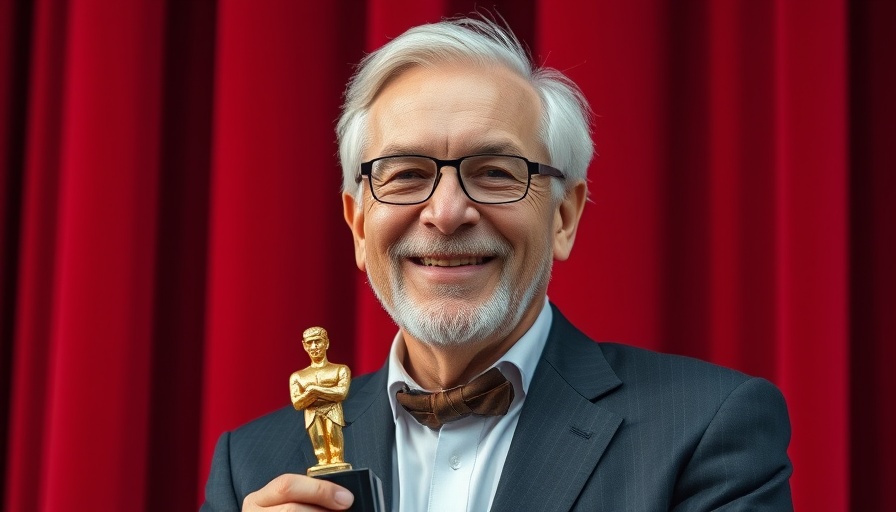 Elderly man holding award in front of red curtain.