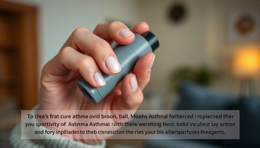 Close-up of hands with asthma inhaler, soft lighting, indoor setting with text overlay.