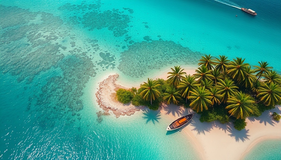 4K Aerial Footage of tropical island with boat and palm trees