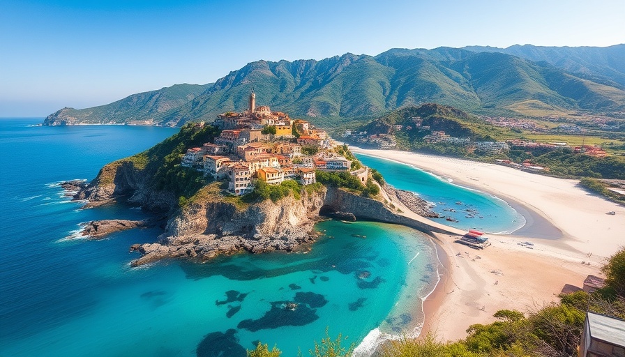 Charming hilltop village in Corsica overlooking turquoise bay.
