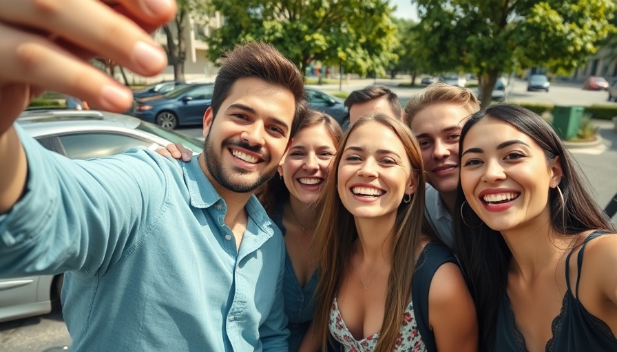 Casual gathering of people taking a selfie outdoors on a sunny day