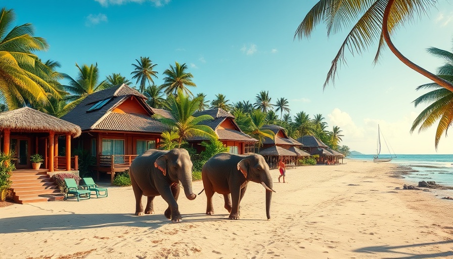 4K Aerial Footage Serengeti: Tropical resort beach with elephant and bungalows.