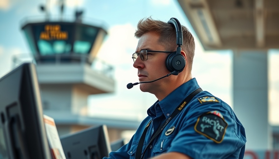 Focused air traffic controller at work near control tower.
