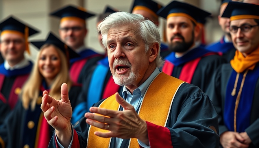 Scott Pelley's Graduation Speech at Wake Forest University, speaker gesturing emphatically on stage.