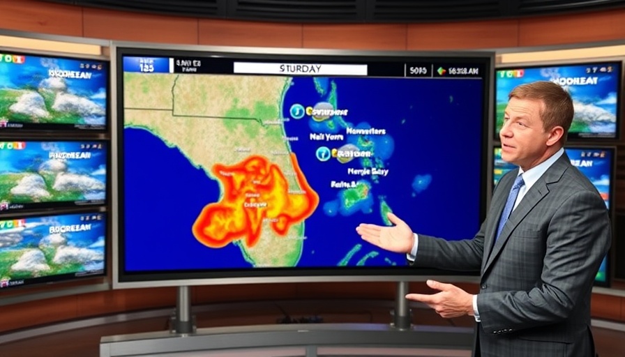 Weather forecaster with Tampa Bay radar map showing rain and thunderstorms
