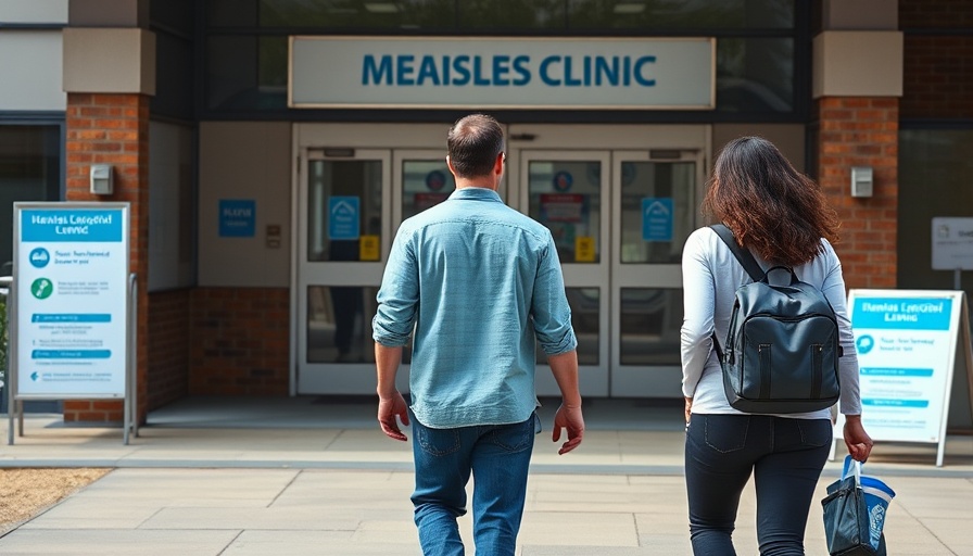 People entering a measles clinic for vaccinations, signage visible.