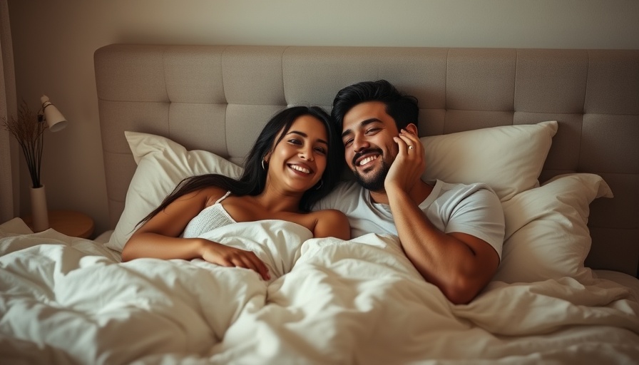 Playful couple in a cozy bedroom discussing intimacy tips.
