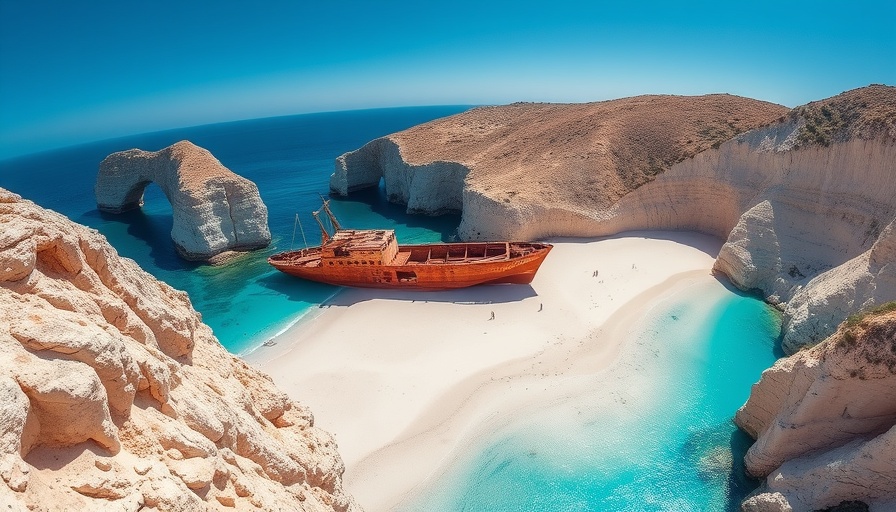 4K aerial view of Navagio Beach with shipwreck and cliffs.