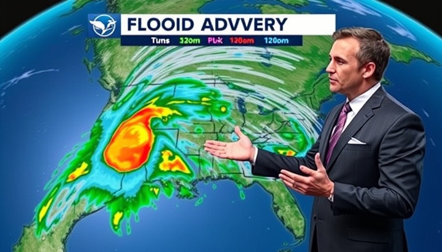 Weather forecaster explaining Florida rainfall flood risks on radar map.