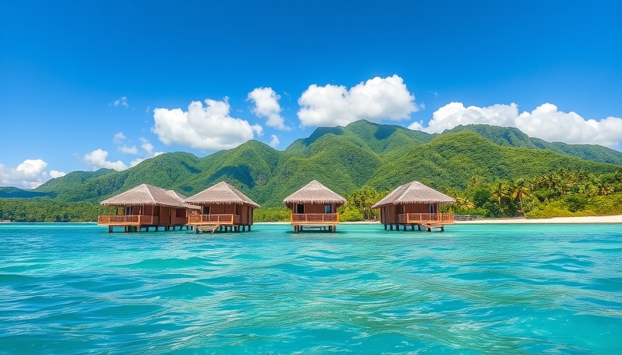 Scenic views of tropical beach huts over turquoise water.
