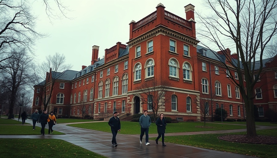 Historic university building with students, blocking foreign students from Harvard theme.