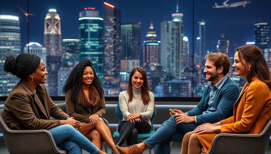 Diverse professionals in discussion with urban backdrop, Women Active in the Military