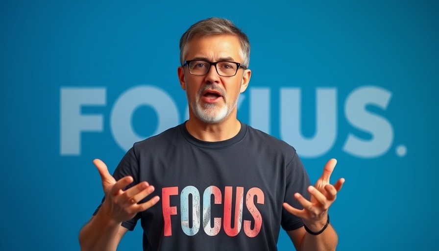 Speaker shares insights on charisma in focus-themed shirt.