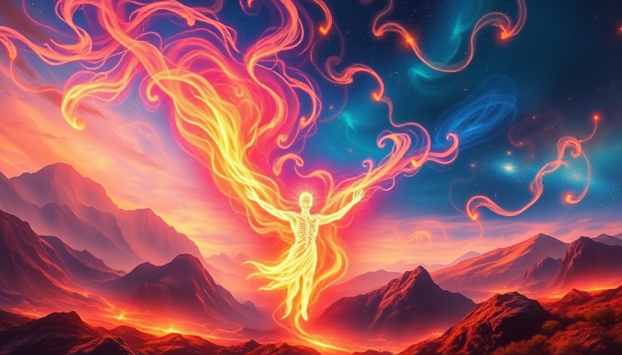 Mystical scene with figure invoking energy and abstract mountains