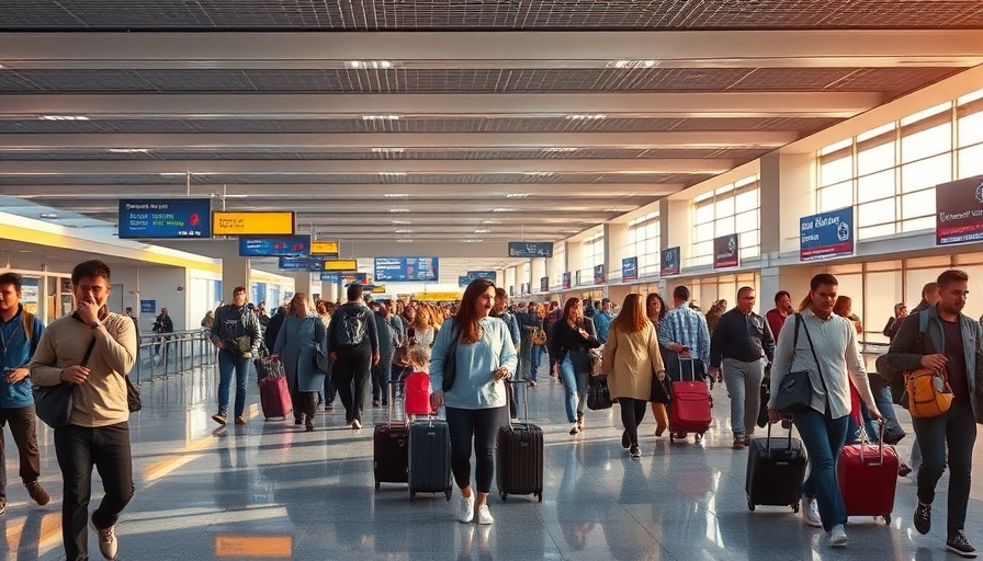 Travelers with luggage in busy airport illustrating travel ban impact on families.
