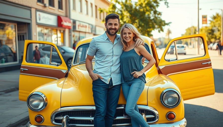 Only Fools and Horses tribute Sarajevo with smiling men by vintage yellow car.