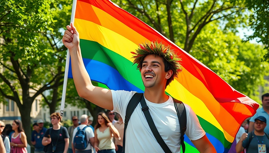 Person at parade holding a rainbow flag, vibrant atmosphere, LGBTQ+ celebration.