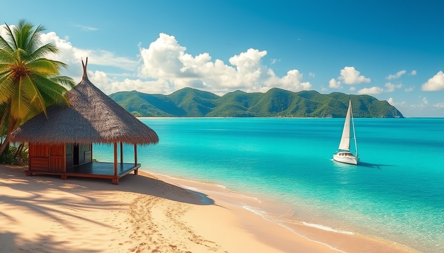 Tropical beach scene with hut and sailboat, Travel Destinations.