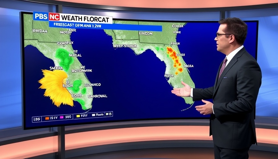 Meteorologist presenting South Florida weather forecast on digital map.