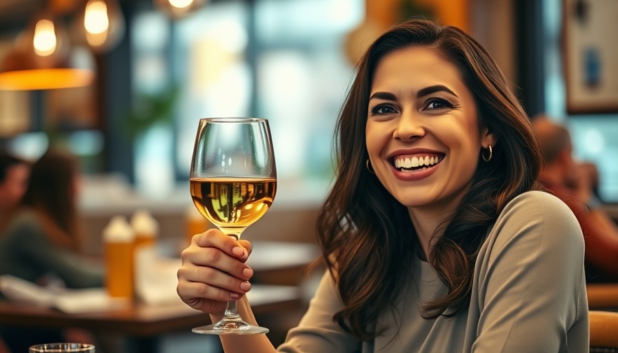 Joyful dining experience in South Florida with woman holding wine.