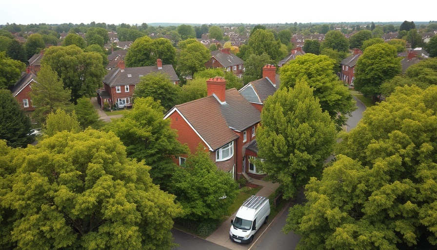 Aerial view of a brick house surrounded by trees in suburban area.