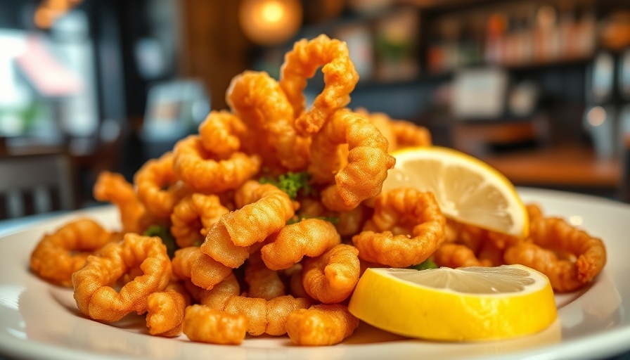 Golden fried calamari dish with lemon garnish