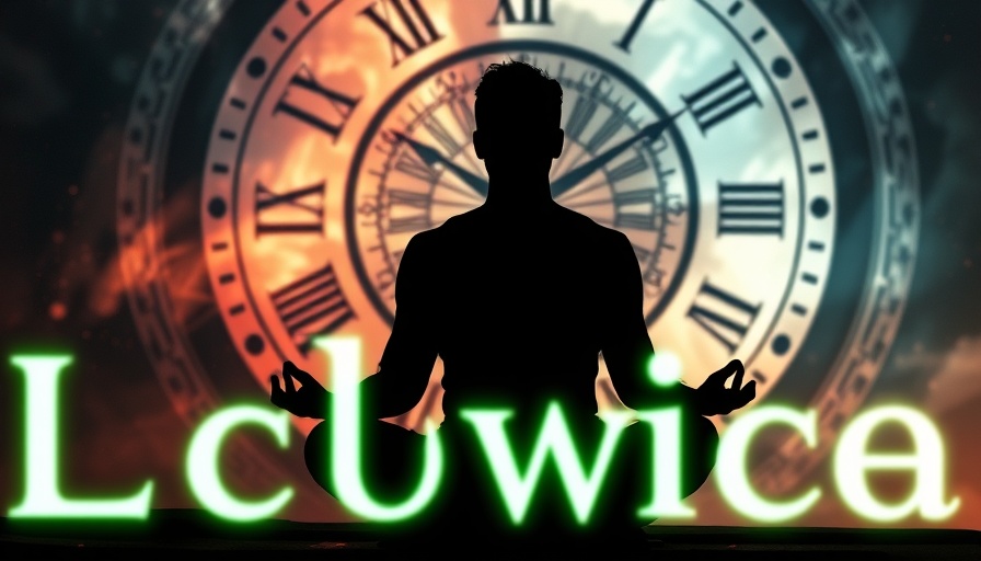 Meditative figure with cosmic clock and divine timing text.