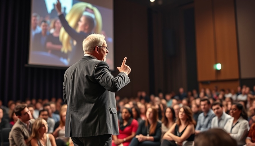 Dynamic speaker on stage with a group image behind.