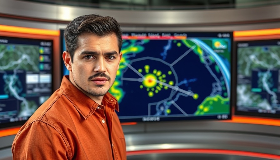 Young male forecaster pointing at live radar map for Florida Weather Update.