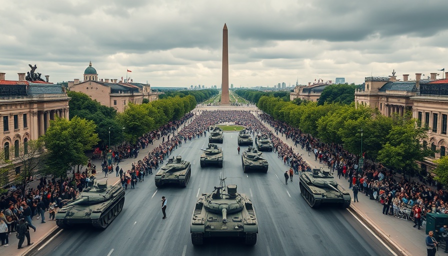 Military parade with tanks near iconic monument on cloudy day.