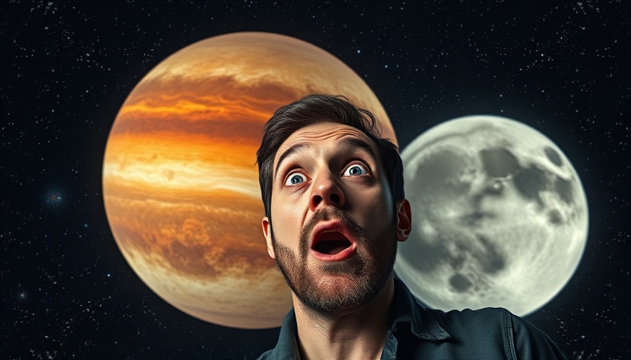 Surprised man looking at Mars and Moon, dramatic space scene.