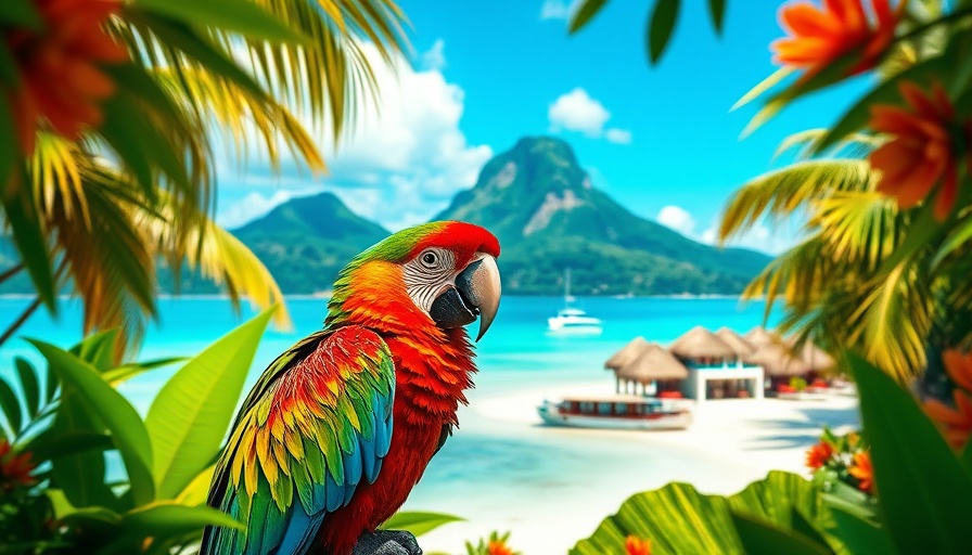 Scenic Views in a tropical paradise with parrot and beach.