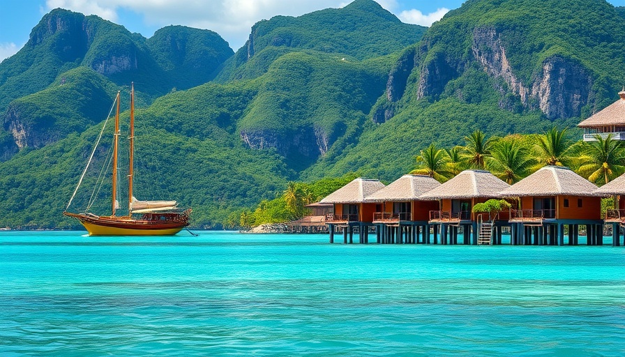 Stunning view of Tahiti's bungalows and sailboat, ideal travel destination.