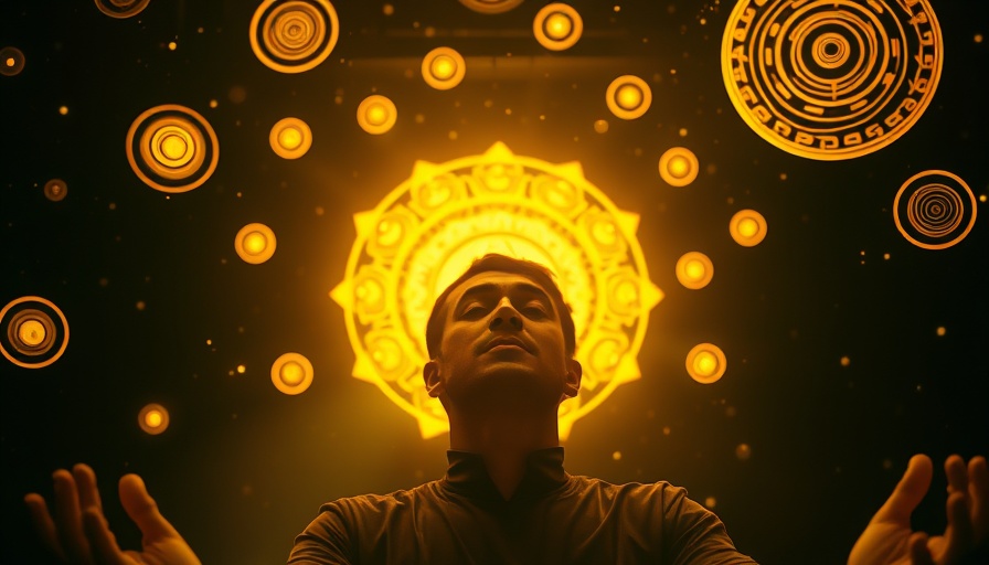 Meditating person beneath swirling symbols in Money Acceleration Portal.