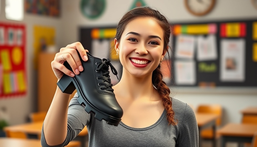 Joyful woman displaying tap shoe, vibrant classroom setting, Tap Dance for Kids.